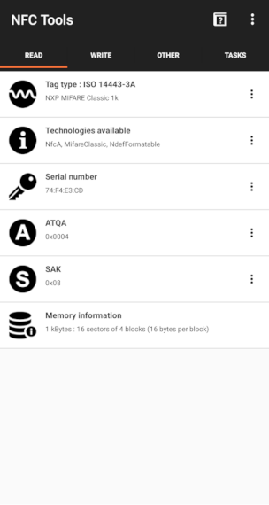 NFC Tools App showing successful tag reading